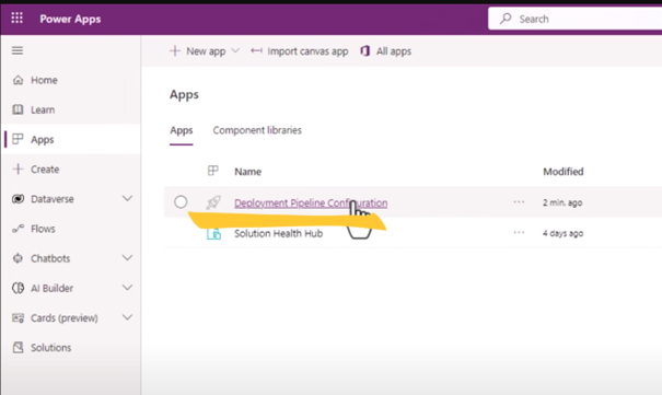Power Apps – Deployment Pipeline Configuration App in der App-Liste