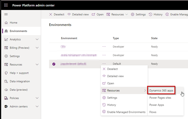 Power Platform Admin Center – Environments-Übersicht mit Dynamics 365 Apps