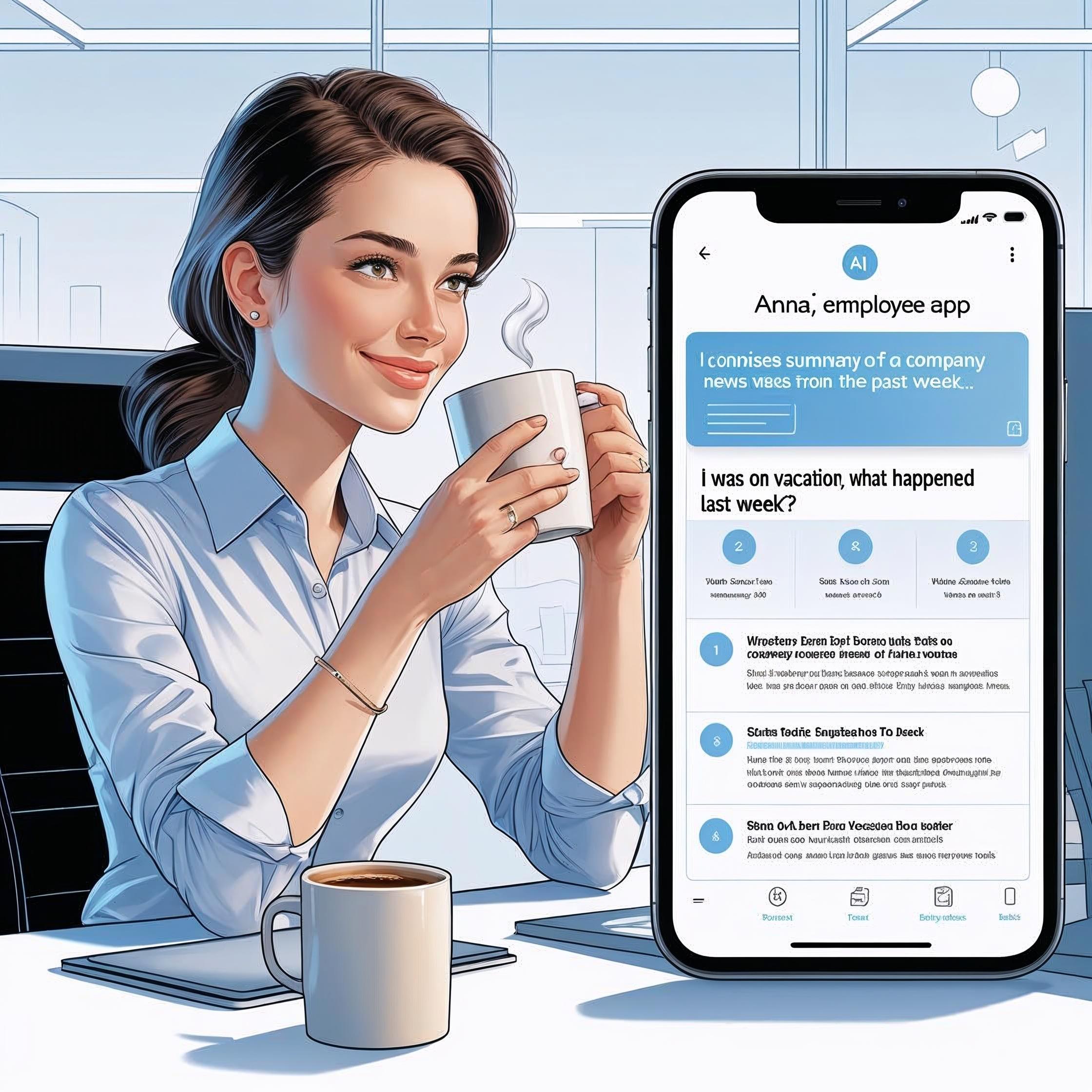 AI Widget - JASP | Run Smarter Projects Anna sitzt mit einem Kaffee und liest die neusten Infos nach ihrem Urlaub